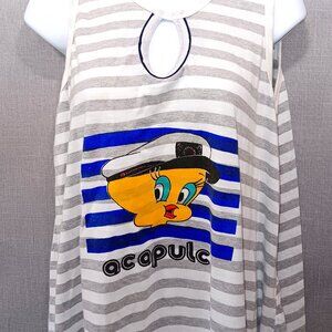 Tweety Bird Acapulco Nautical Striped Sleeveless XL Dress Keyhole Beach White